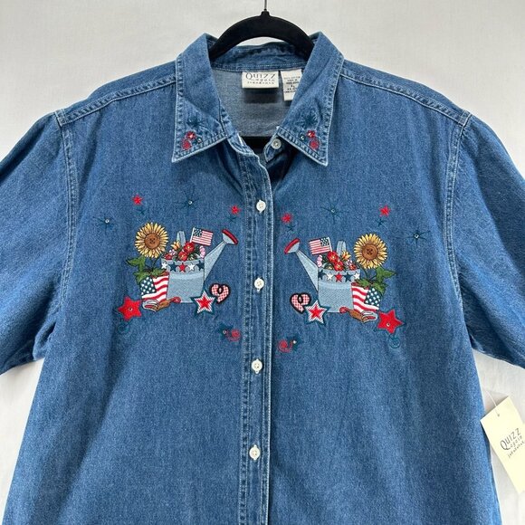 Vtg Quizz Again Jeans Denim Shirt Women XL Short Sleeve Button Up Patriotic Blue - Picture 3 of 10